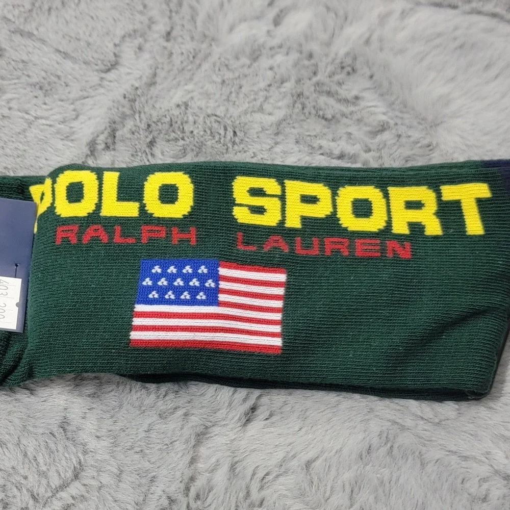 Polo Ralph Lauren Socks Mens 10-13 Green Polo Sport USA Flag Mid Calf Crew